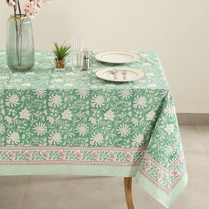 Amazon.com - Indian Block Print Tablecloth, Green Floral Cotton Table Cover, Easter Wedding Table... | Amazon (US)