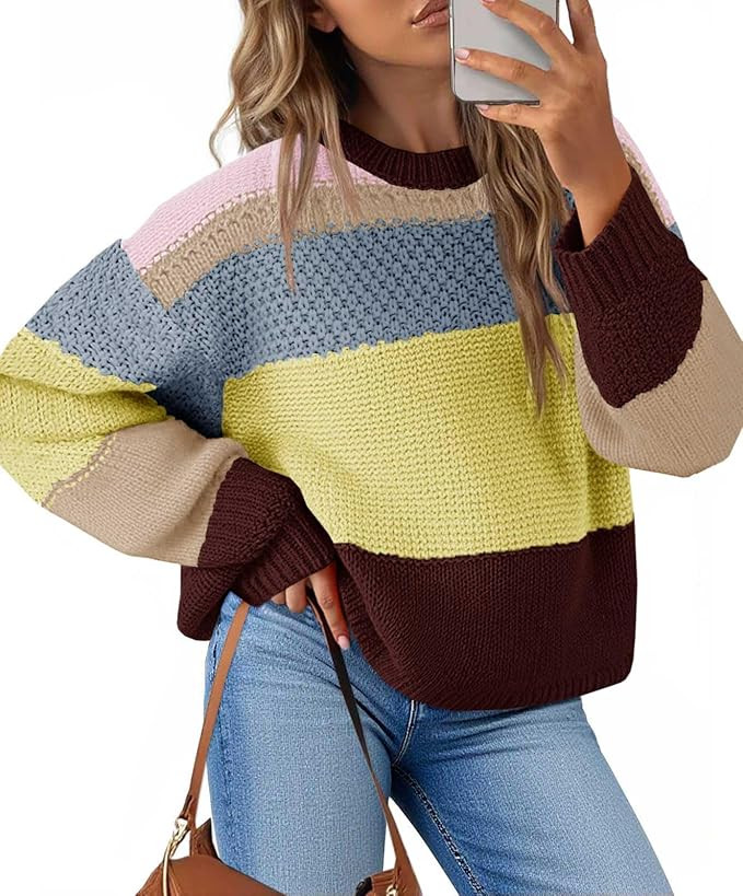 Saodimallsu Womens Color Block Cropped Sweaters 2025 Winter Trendy Casual Oversized Y2k Going Out... | Amazon (US)