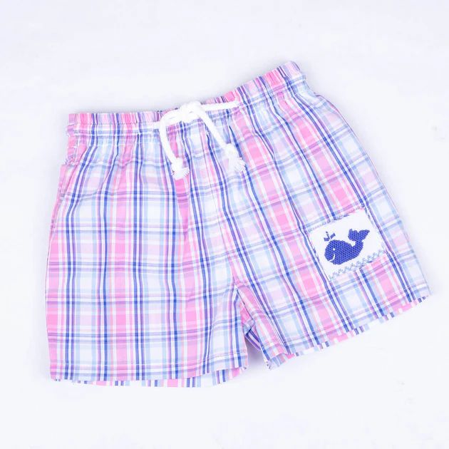 Pink and Blue Check Whale Smocked Swim Trunks | Classic Whimsy