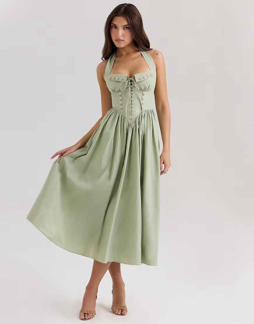 House of CB Emilia stretch cotton halter neck midi dress in sage-Green | ASOS (Global)