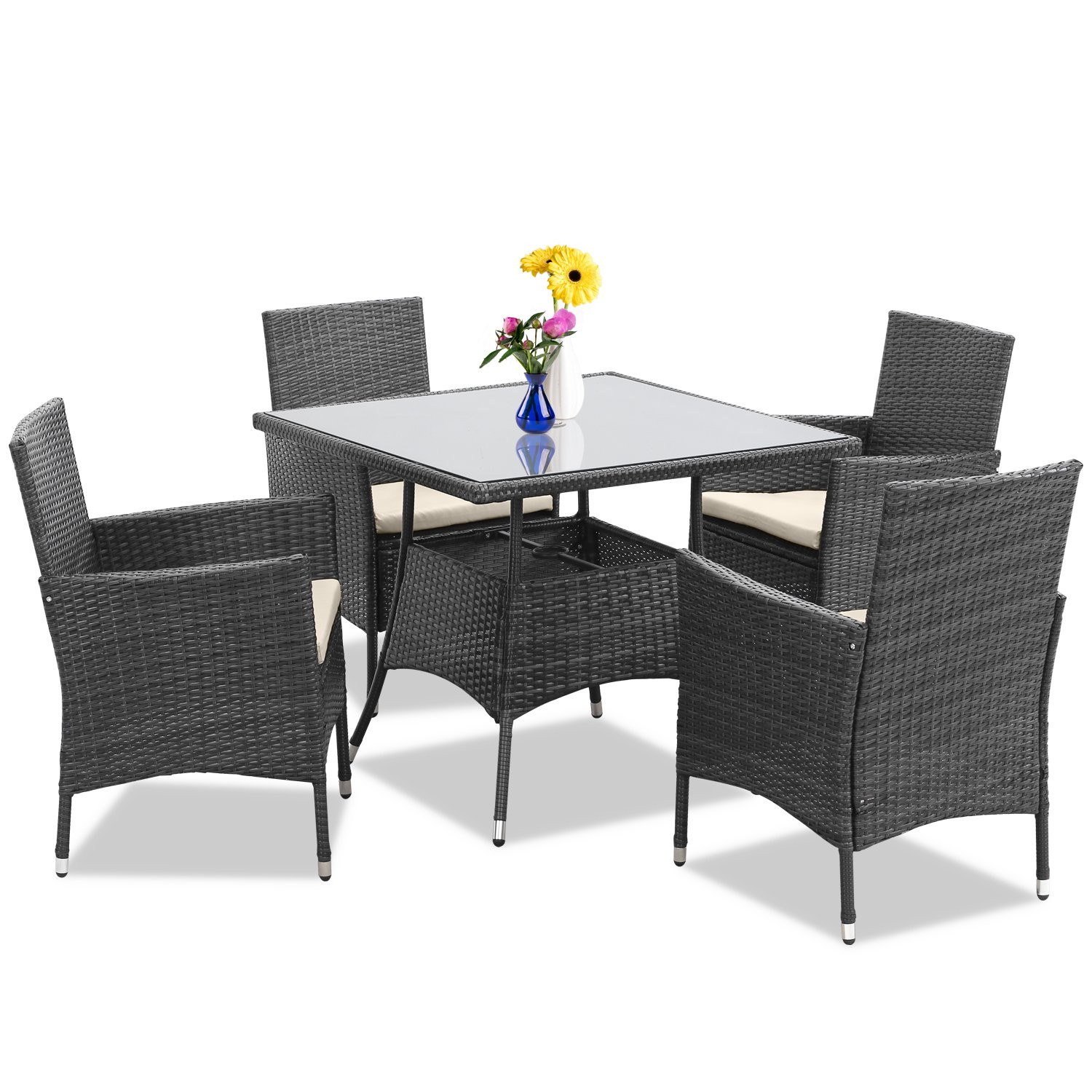 CozyHom 5 Piece Indoor Outdoor Wicker Patio Dining Table Furniture Set w/ Umbrella Cutout, 4 Chai... | Walmart (US)