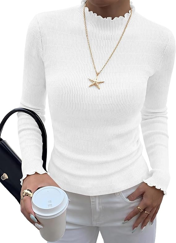 BTFBM Long Sleeve T Shirts for Women Ruffle Mock Neck Tops | Amazon (US)