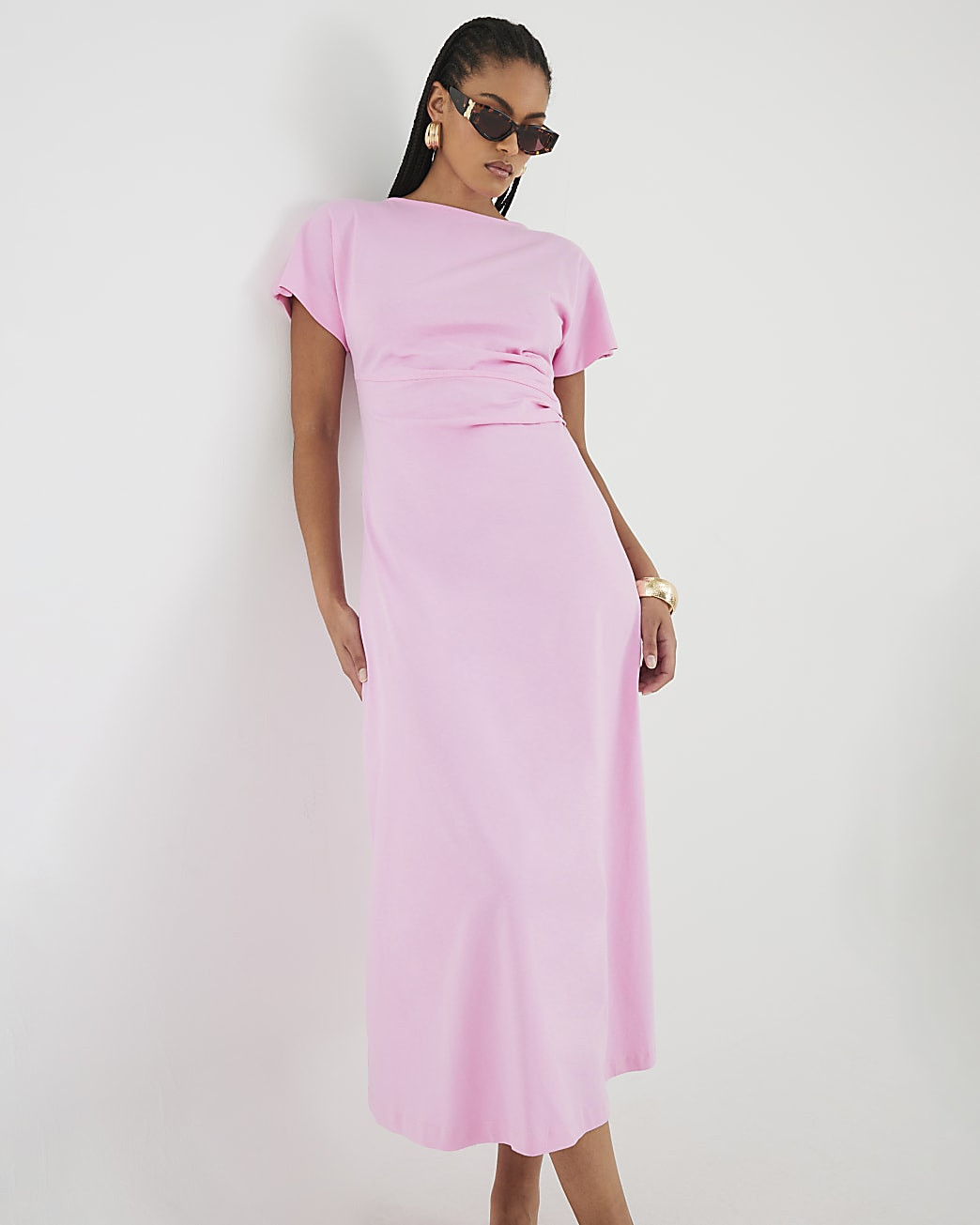 Pink Short Sleeve Drape Side Midi Dress | River Island UK & IE