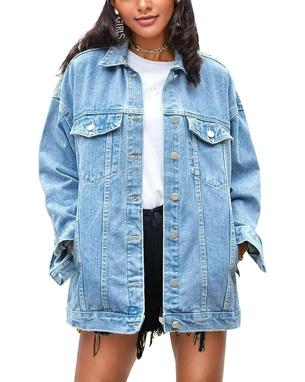 Omoone Women's Oversized Mid Long Denim Jacket Jean Biker Coat | Amazon (US)