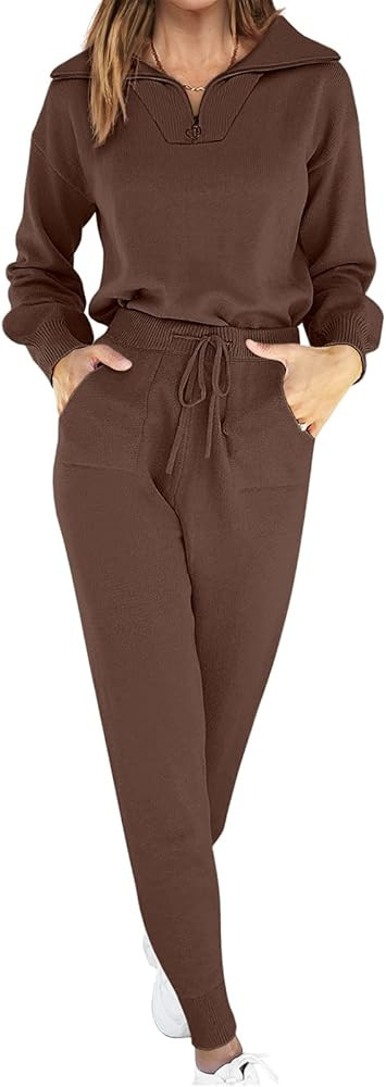 ANRABESS Women's Two Piece Outfits Sweater Lounge Sets Long Sleeve Zip Up Knit Pullover Jogger Pa... | Amazon (US)