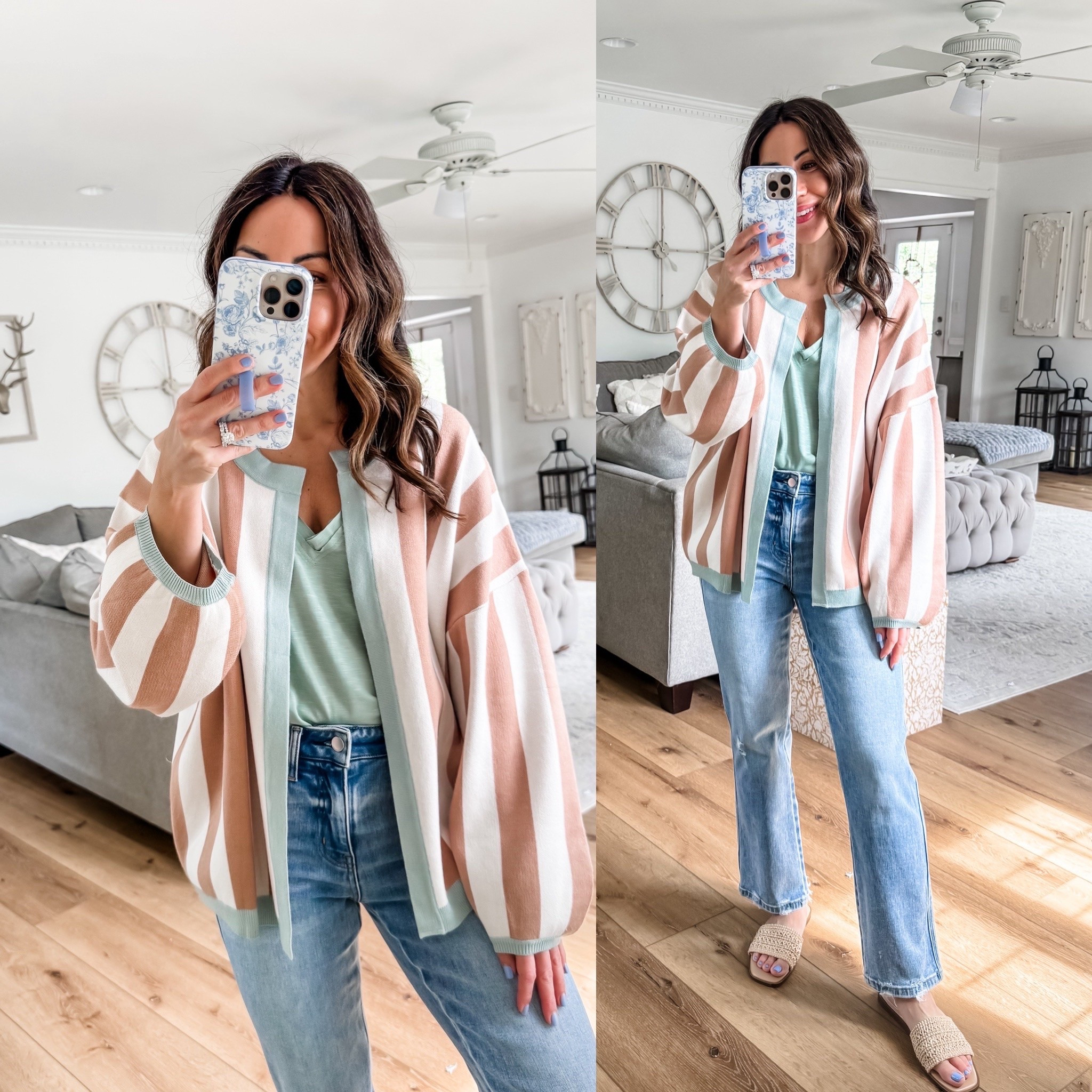 Jeans 25. Code LTK10. Small cardigan. Small V-neck. Sandals TTS.

#LTKSaleAlert #LTKOver40 #LTKPetite