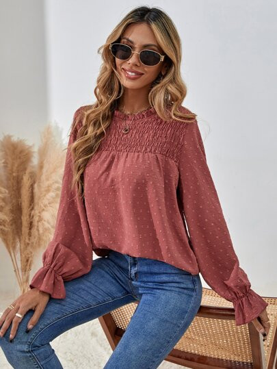 Swiss Dot Shirred Flounce Sleeve Blouse | SHEIN