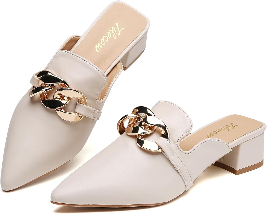 Tilocow Metal Chain Decor Mules Heels for Women Chunky Heeled Sandals Slip on Closed Toe Slides f... | Amazon (US)