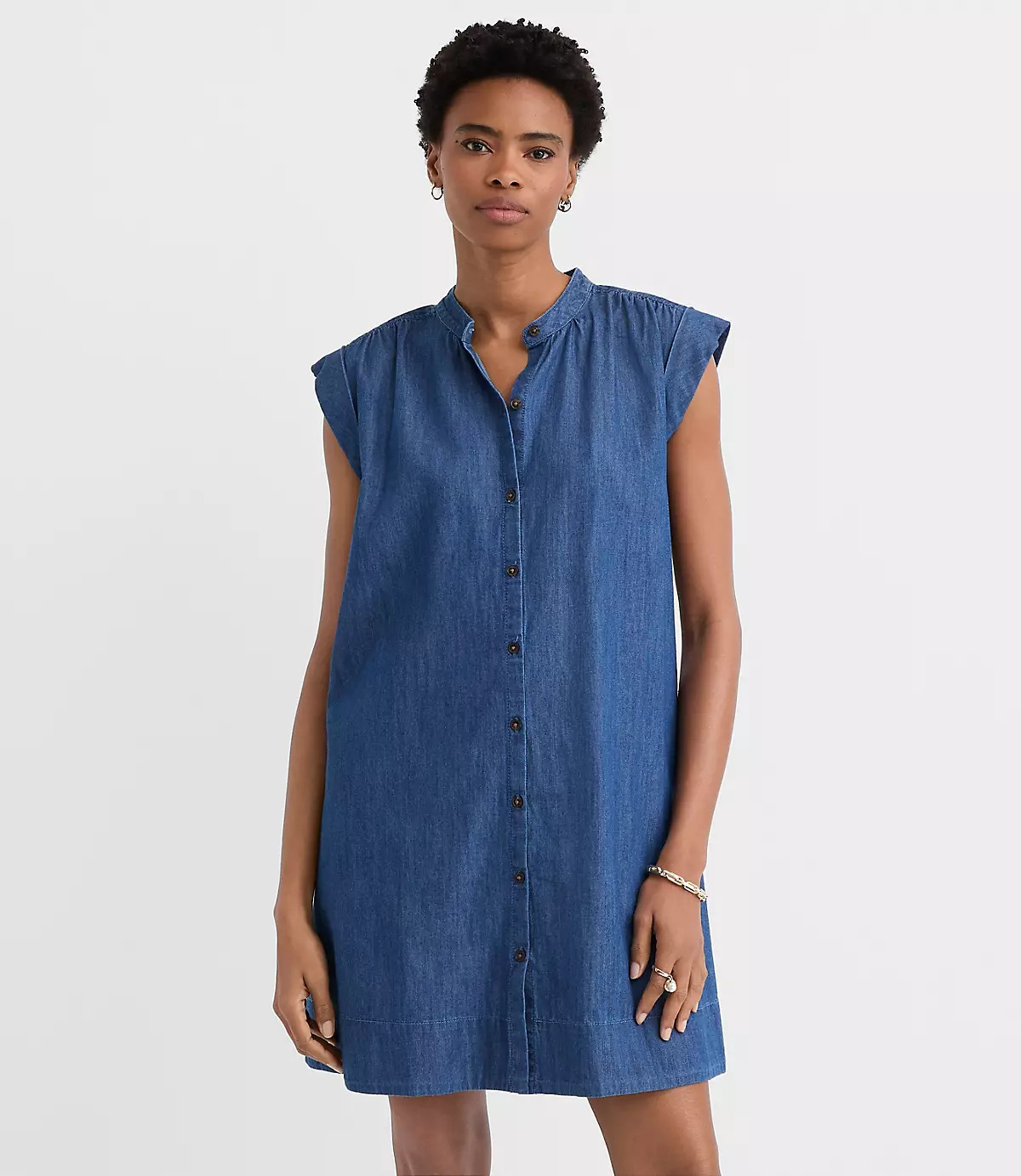 Chambray Shirred Mini Pocket Dress | LOFT