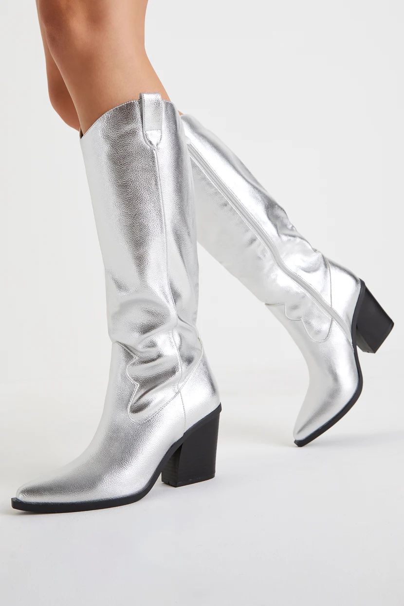 Rauland Silver Metallic Pointed-Toe Knee-High Western Boots | Lulus (US)