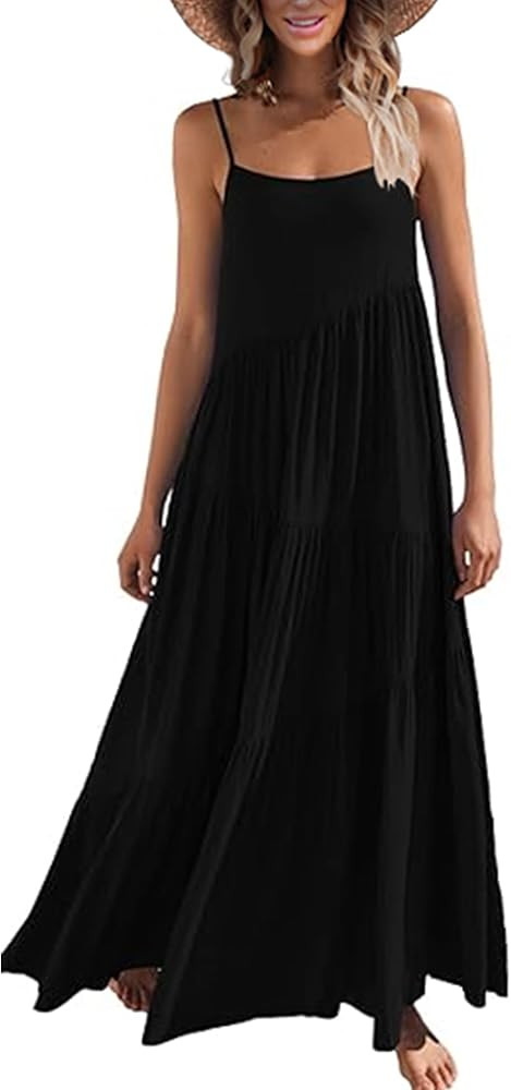 ECOWISH Women Sleeveless Maxi Dress: Summer Spaghetti Strap Casual Loose Boho Beach Dress Asymmet... | Amazon (US)