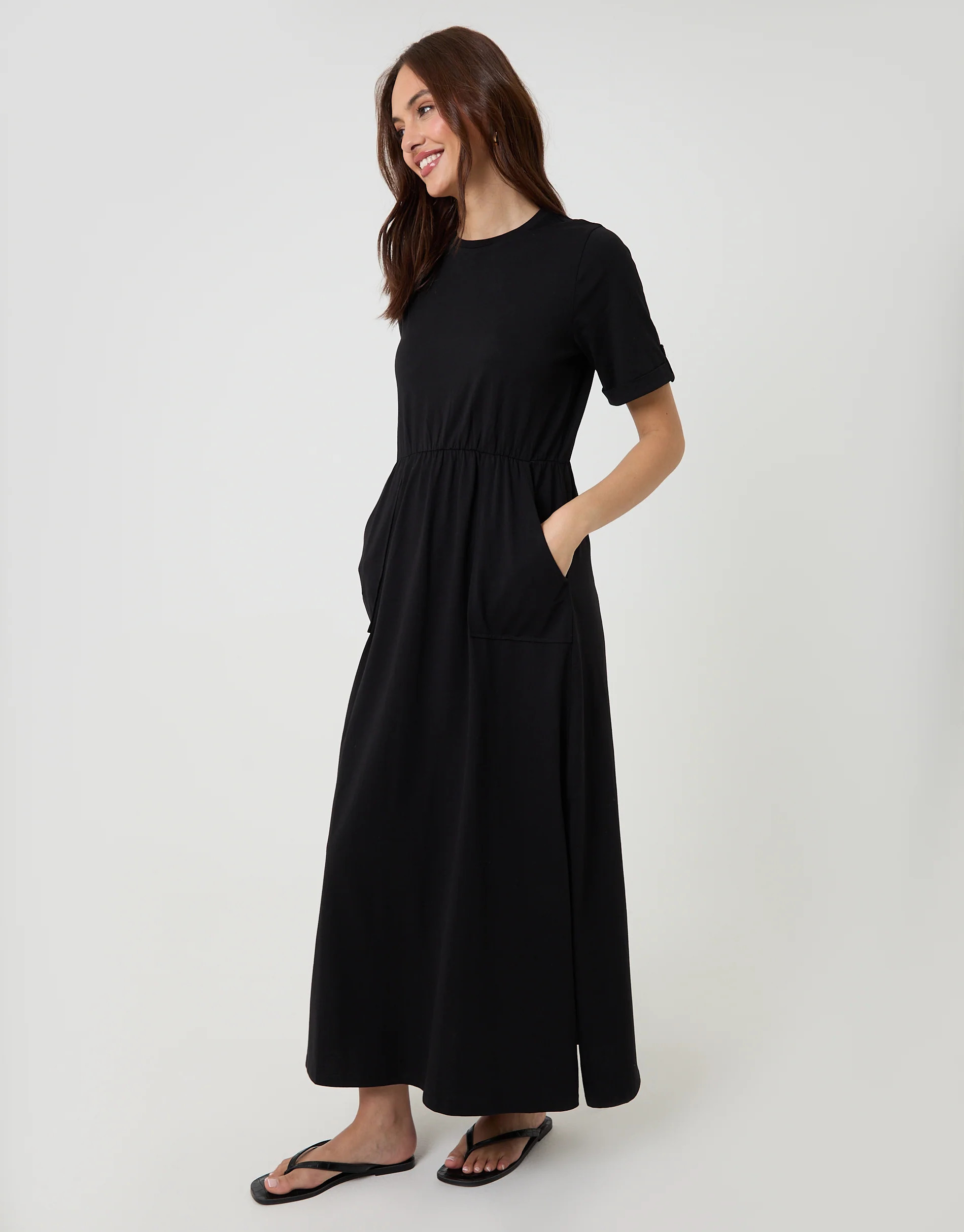 Black Crew Neck Jersey Midi Dress with Patch Pockets | Threadbare