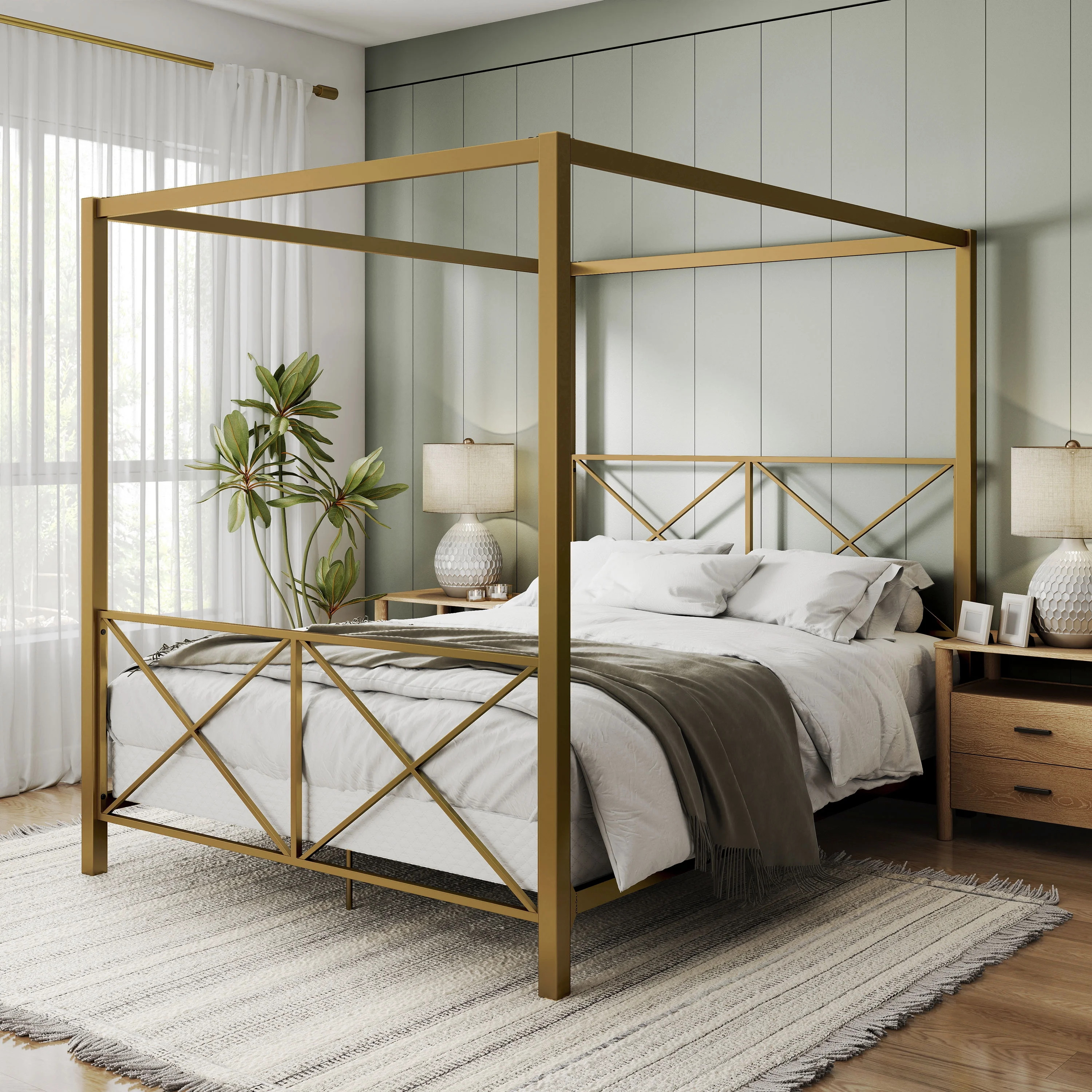 Furniture of America Rosedale Modern Metal X-Cross Canopy Bed, Queen Size, Gold - Walmart.com | Walmart (US)