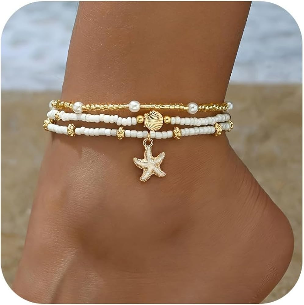 Bead Ankle Bracelets Set For Women, Adjustable Gold Boho Shell Anklet, Hawaiian Beach Seashell Pe... | Amazon (US)