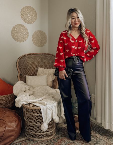 Valentine’s Day look. The cutest heart detail cardigan. I paired it with petite friendly wide leg PU leather pants. I'm 5ft wearing an XS in the pants.

#LTKstyletip #LTKfindsunder50 #LTKMostLoved