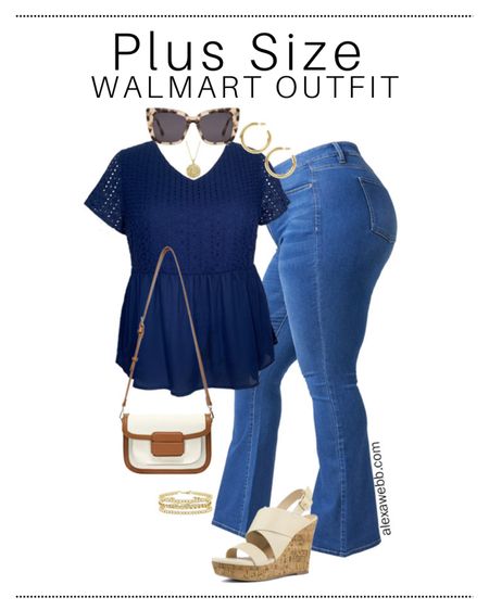 Plus Size Navy Eyelet Babydoll Top with Jeans Outfit Idea. All from @Walmart #walmartpartner This #plussize casual summer outfit is so cute and flattering.  These jeans are made with ultra-stretchy denim that you will love   @walmartfashion #walmartfashion #walmart 

#LTKFindsUnder50 #LTKSeasonal #LTKPlusSize