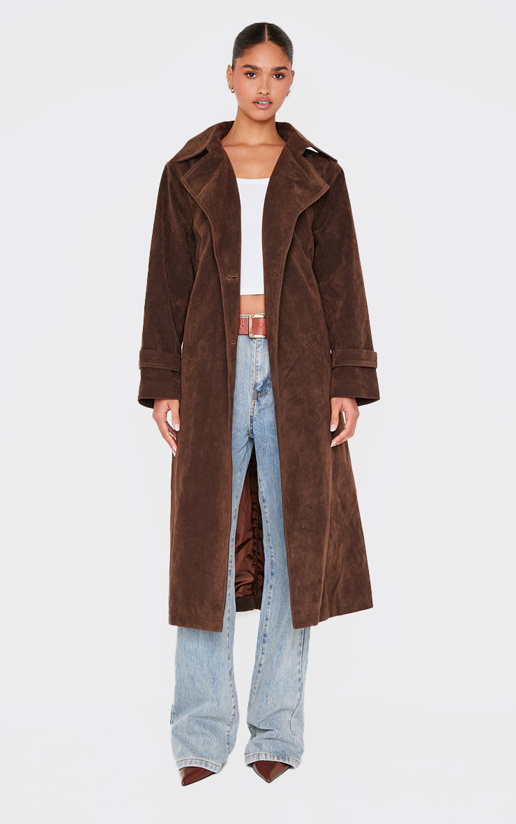 Chocolate Faux Suede Buckle Belt Trench Coat | PrettyLittleThing UK