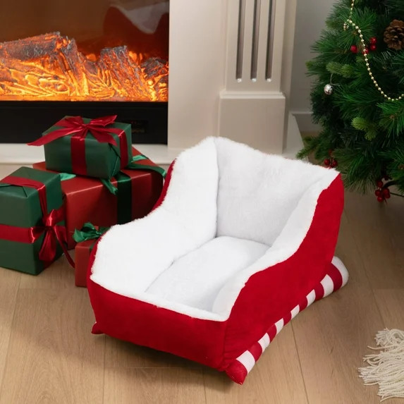 Cozy Christmas Sleigh Pet Bed - Red Velvet Faux Fur Plush Dog Cat Bed with Fireplace Snuggling De... | Walmart (US)