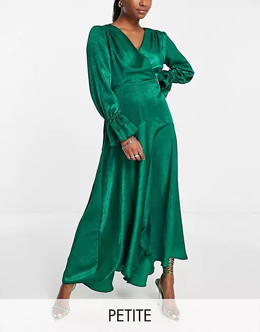 Flounce London Petite long sleeve midi dress in emerald satin | ASOS | ASOS (Global)