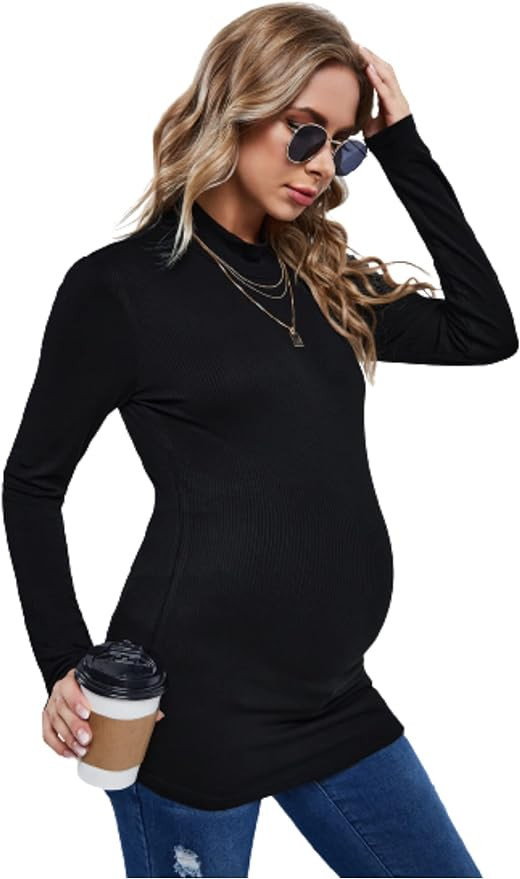 Floerns Women's Maternity Tops Mock Neck Long Sleeve Ribbed Knit Tee Shirt | Amazon (US)