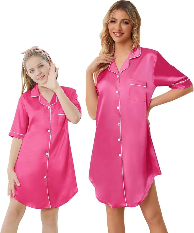 Schbbbta Girls & Women Silk Nightgown, Short Sleeve Button Down Satin Nightshirt Pajama House Dre... | Amazon (US)