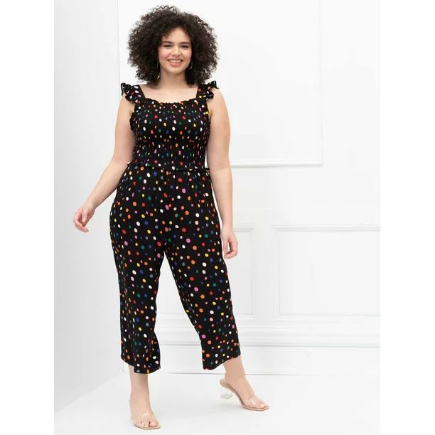 ELOQUII Elements - ELOQUII Elements Women's Plus Size Dot Print Smocked Cropped Jumpsuit - Walmar... | Walmart (US)