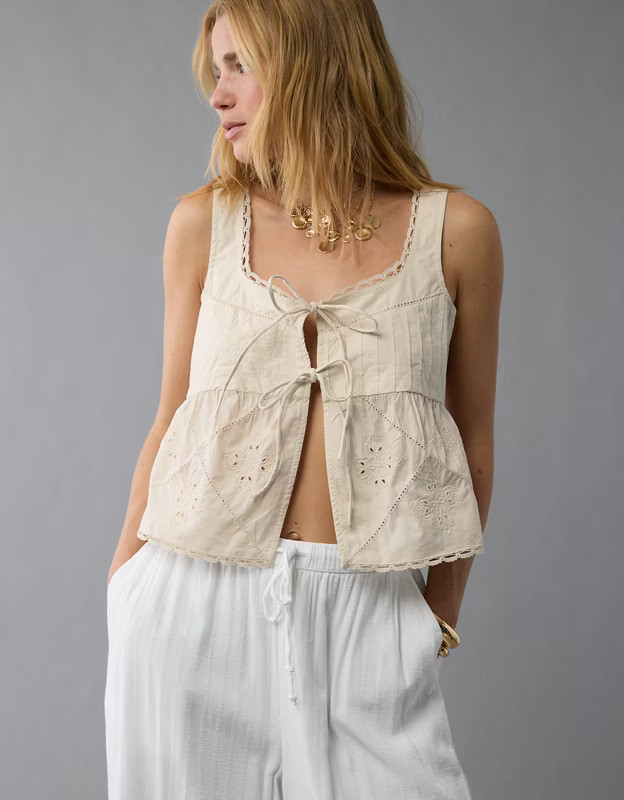 AE Tie Front Scoop Neck Flyaway Tank Top | American Eagle Outfitters (US & CA)