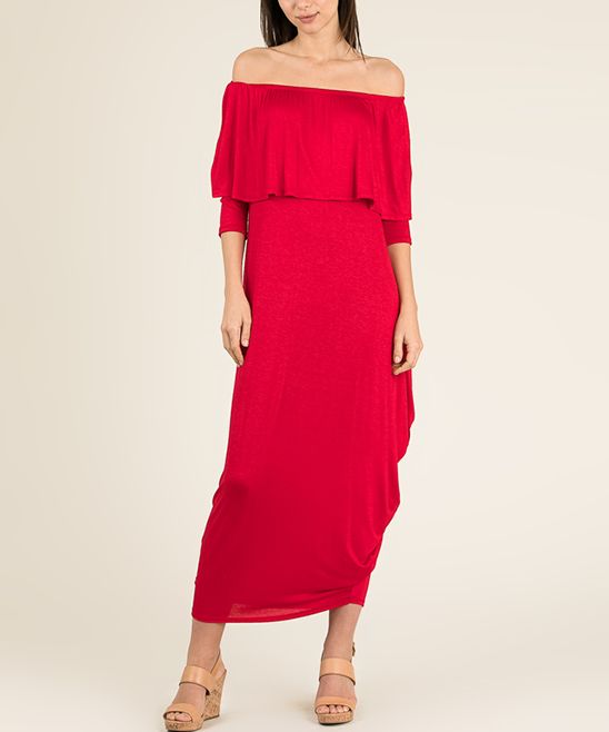 Frumos Women's Maxi Dresses Red - Red Off-Shoulder Layered Maxi Dress | Zulily