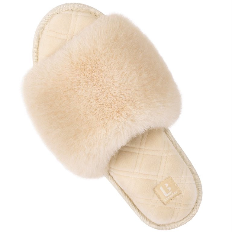 LongBay Women's Fuzzy Faux Fur Memory Foam Cozy Flat Spa Slide Slippers Comfy Open Toe Slip On Ho... | Walmart (US)