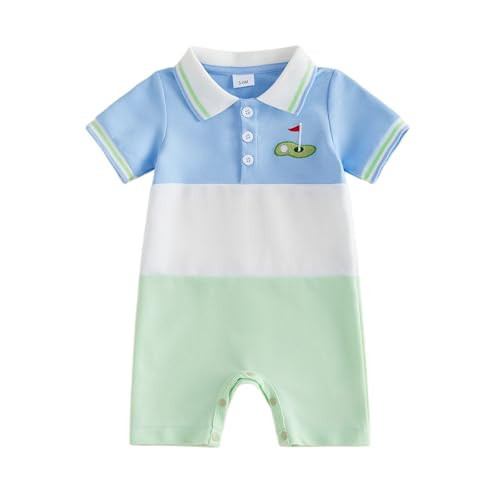 BemeyourBBs Newborn Baby Boy Golf Outfit Short Sleeve Lapel Romper Jumpsuit One Piece Outfit Spring Summer Clothes (Color Block Blue, 0-3 Months) | Amazon (US)