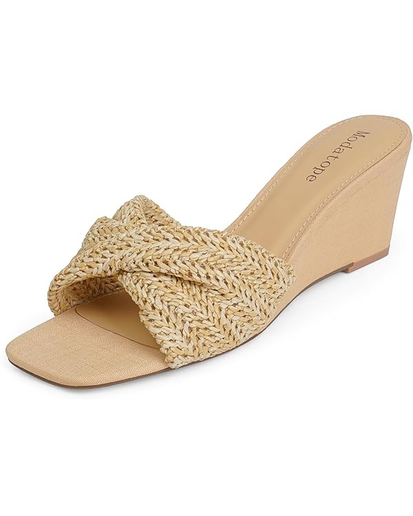 Modatope Wedge Sandals for Women Braided Wedge Heels Square Open Toe Raffia Dressy Womens Sandals | Amazon (US)