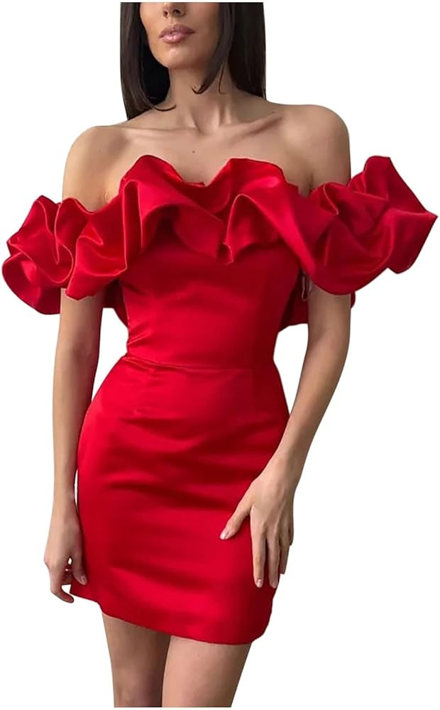 Women's Off Shoulder Strapless Ruffle Trim Ruched Sleeveless Bodycon Mini Party Dress Elegant Coc... | Amazon (US)