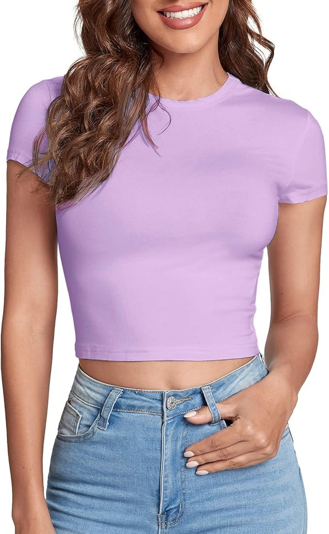 Verdusa Women's Casual Basic Cap Sleeve Slim Fitted Round Neck Crop Tee Top | Amazon (US)