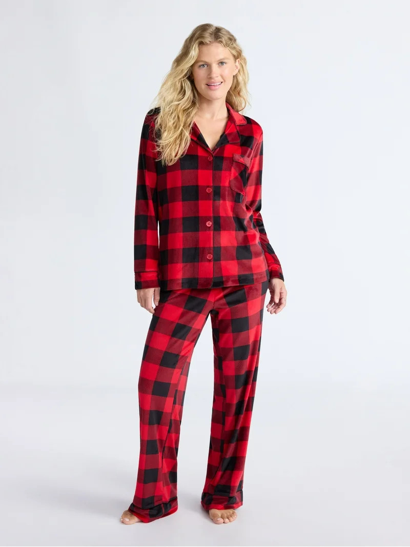 Joyspun Women’s Stretch Velour Notch Collar Long Sleeve Pajama Set, Sizes XS to 4X | Walmart (US)