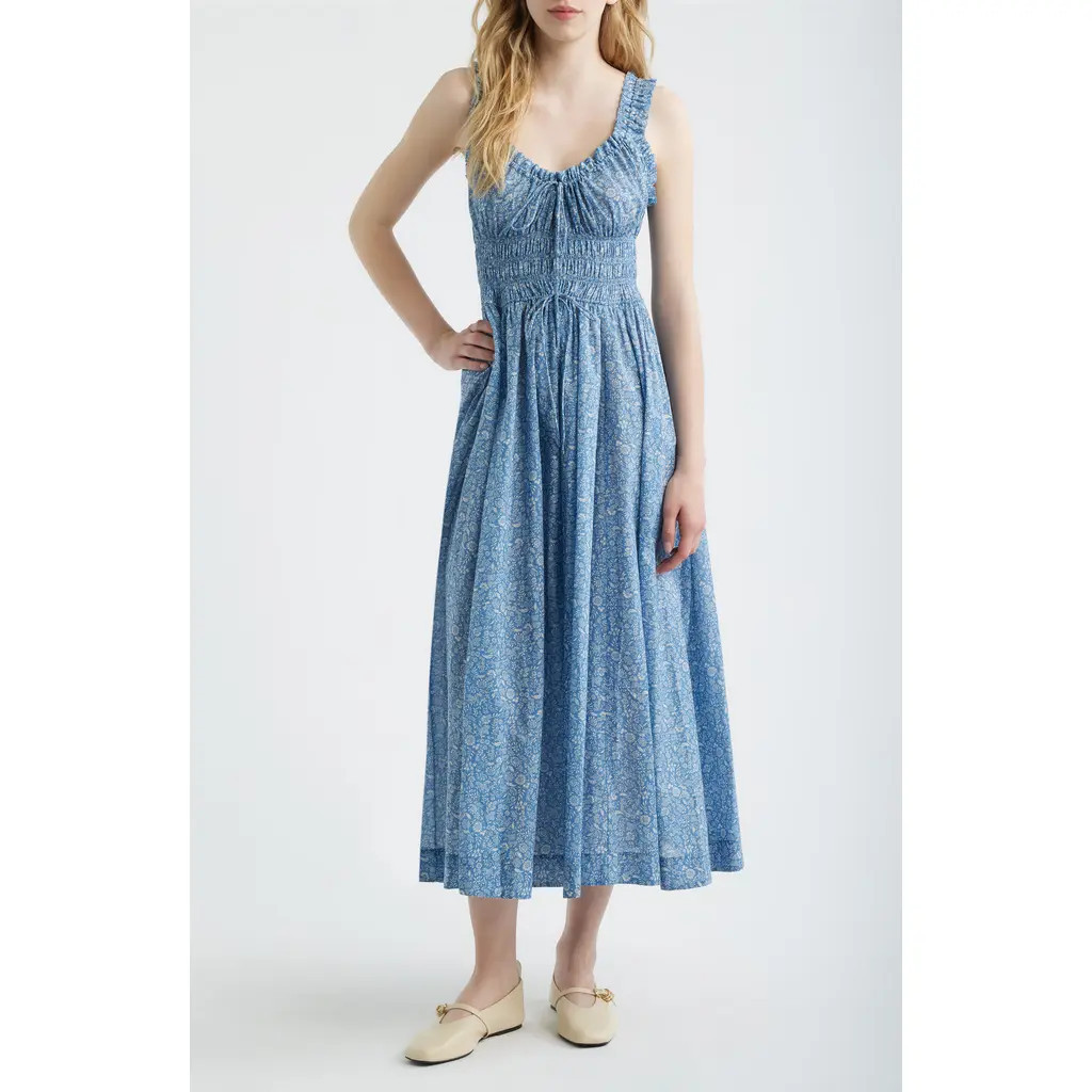 DÔEN Ditsy Floral Organic Cotton Smocked Midi Dress in Blue Garden Bloom at Nordstrom, Size Xx-Small | Nordstrom