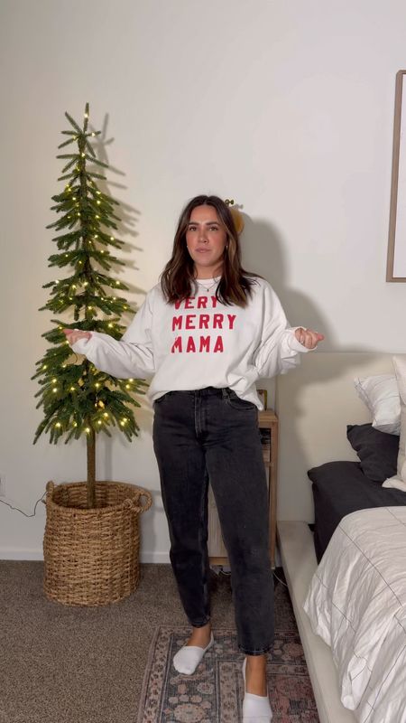 Holiday outfit, casual. Mom style, mom jeans, holiday sweatshirt. 

Top L
Bottoms 30R (10)

#LTKstyletip #LTKHoliday #LTKmidsize
