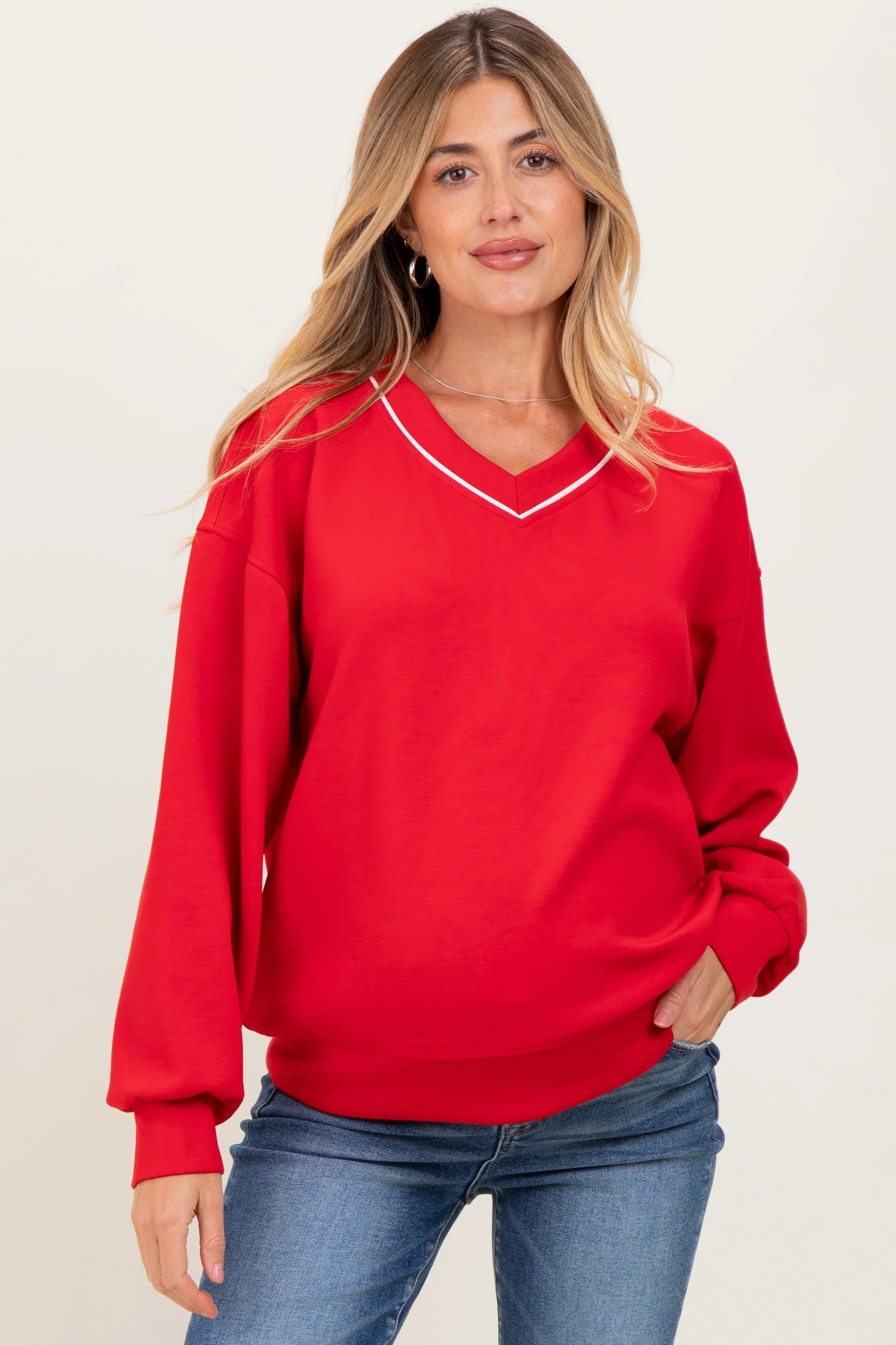 Red V-Neck Maternity Sweatshirt | PinkBlush Maternity