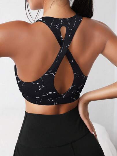 SHEIN Sport Studio Marble Print Cut Out Back Sports Bra | SHEIN