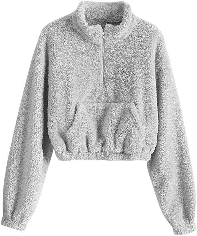 ZAFUL Women's Long Sleeve Hoodie Faux Fur Solid Color Crop Pullover Sweatshirt Tops | Amazon (US)