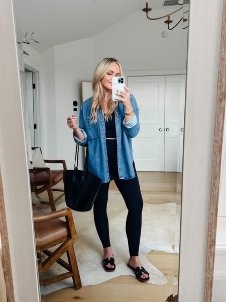 Black leggings outfit for spring. Amazon leggings + bra tank. Sezane leather tote.

Leggings - size down 1
Tank - size up if larger chested
Denim shacket - size up 2 (in large)