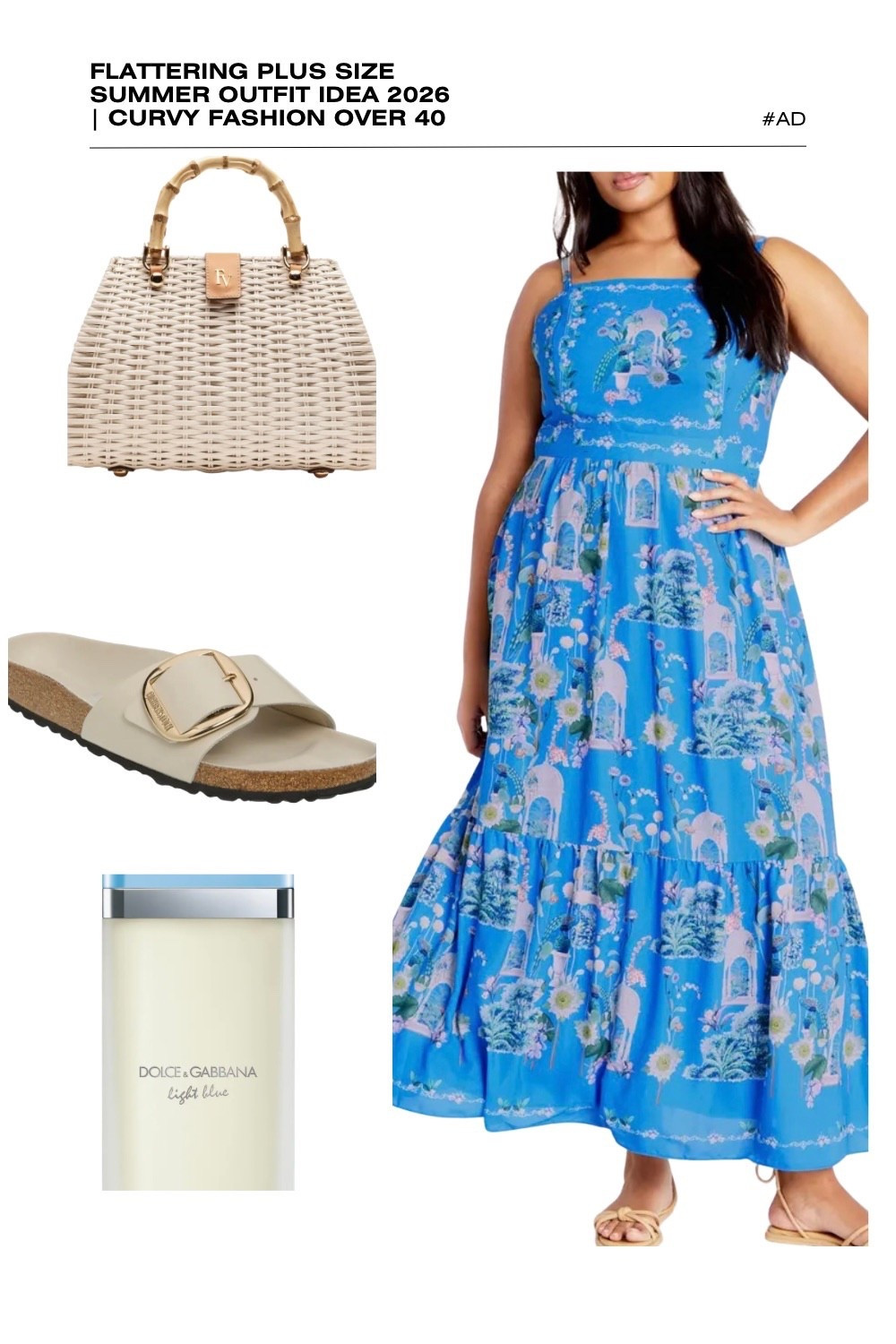 Looking for the perfect blue and white plus size summer outfit for 2026? This flattering square-neck maxi dress is a stunning choice for curvy fashion over 40. Featuring a vibrant Mediterranean toile print and a tiered skirt, this dress offers a breezy, elegant silhouette that’s perfect for summer vacation style.
We’ve paired this vibrant blue dress with a white wicker bamboo handle bag and comfortable cream buckle slide sandals for a polished, resort-ready look. The ensemble is completed with the iconic, crisp scent of Dolce & Gabbana Light Blue. Whether you're heading to a coastal brunch or looking for an elevated plus size resort outfit, this look is a summer essential. #PlusSizeFashion #SummerOutfits2026 #CoastalChic #DolceGabbanaLightBlue #CurvyStyle #BlueMaxiDress
