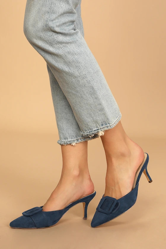 Livingston Blue Suede Buckled Pointed-Toe Mules | Lulus (US)