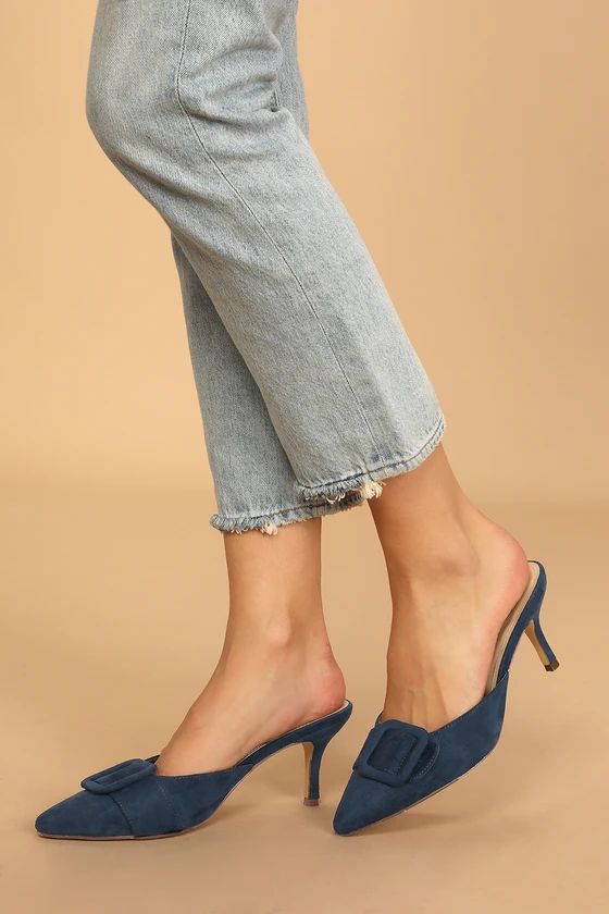 Livingston Blue Suede Buckled Pointed-Toe Mules | Lulus (US)