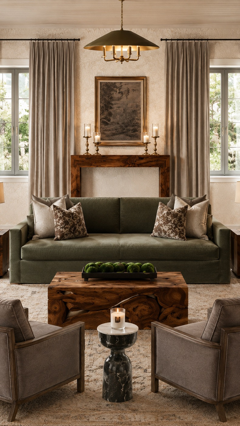 A stunning neutral living room design featuring green accents!