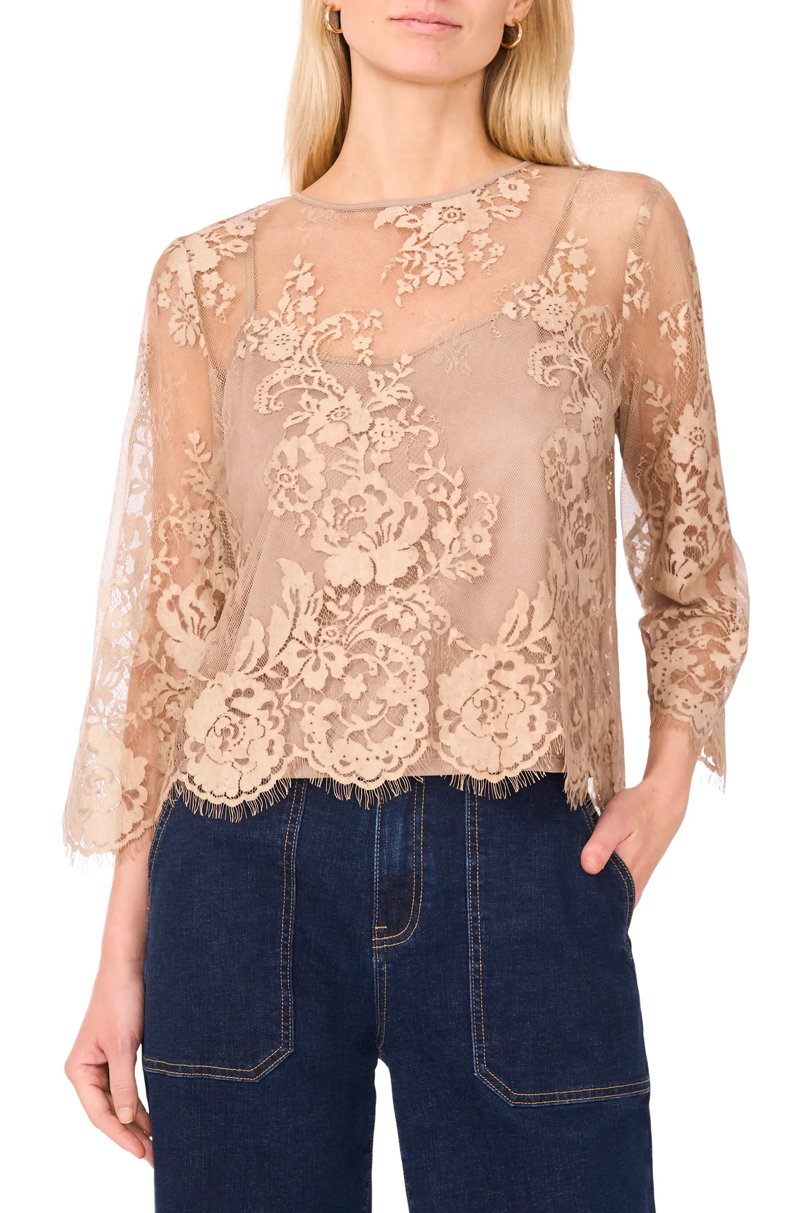 Scallop Hem Cotton Blend Lace Top | Nordstrom