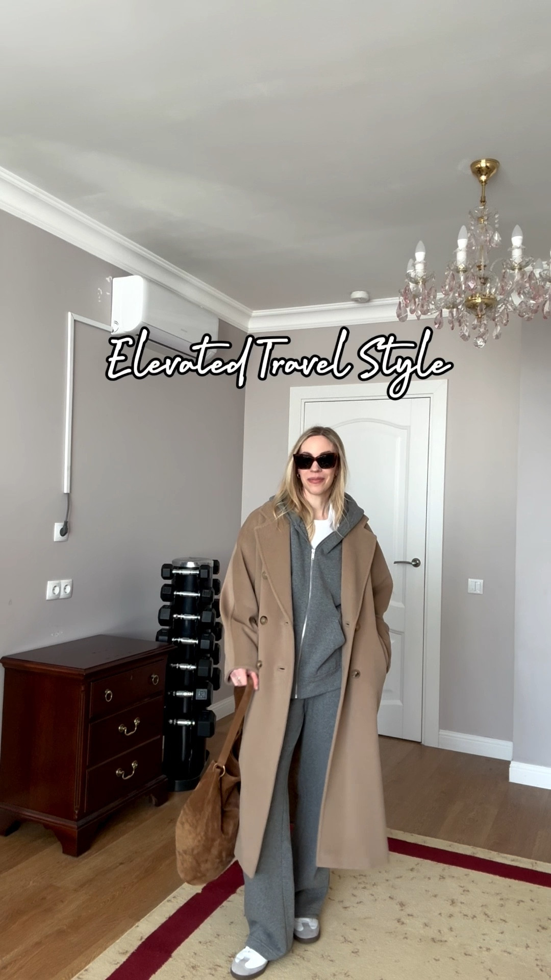 Chic travel outfit with camel coat, gray sweat set, Adidas Samba sneakers, Saint Laurent suede bucket bag

#LTKSaleAlert #LTKTravel #LTKOver40