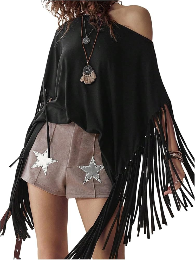 SHENHE Women's Off Shoulder Tassel Short Sleeve Shirt Oversized Y2k Boho Asymmetrical Fringe Top | Amazon (US)