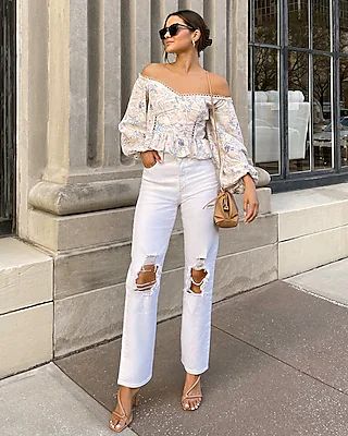 Conscious Edit Super High Waisted White Ripped Modern Straight Jeans | Express