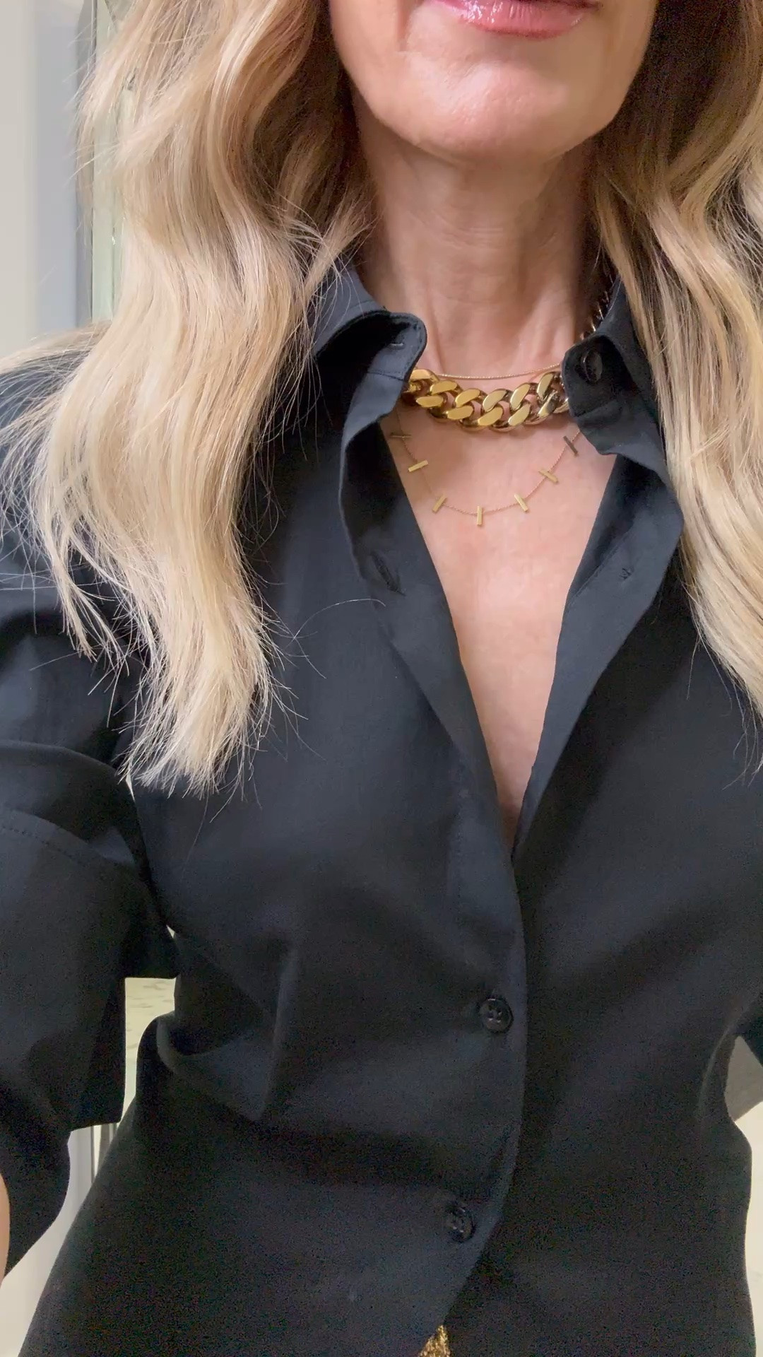 Gold raffia mini skirt styled with a black backless button-down for the perfect date night or girls night out look ✨ Love how this top cinches the waist and keeps the outfit chic and balanced. XS in skirt and top. #DateNightStyle #GirlsNightOut #LTKOver40 

 