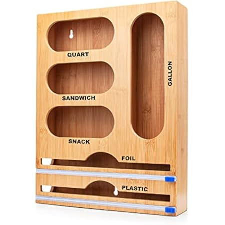 Ziplock Bag Organizer - 6 in 1 Wrap Dispenser with Cutter and Labels, Bamboo Reusable Baggies Dispen | Amazon (US)